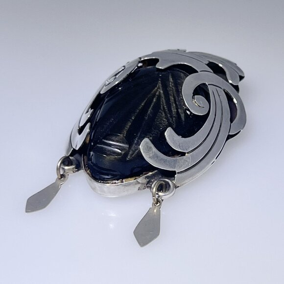 Vintage sterling silver and carved Obsidian pendant, Mayan Warrior, Mexico - Picture 2 of 9